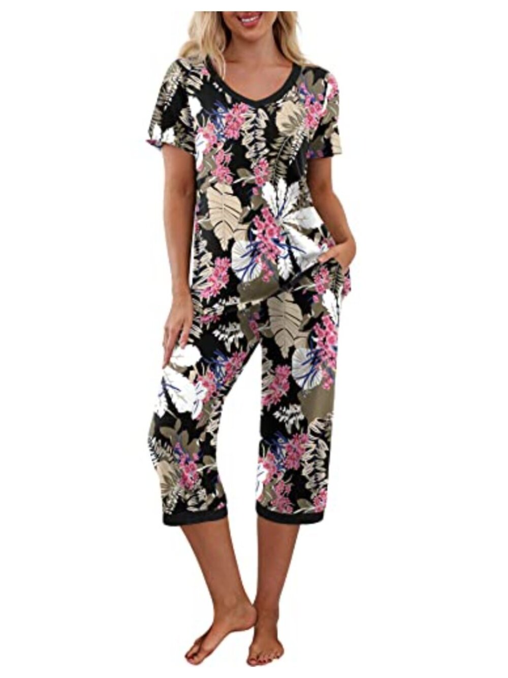 Womens 2 Piece Pajama Set Short Sleeve Capri Lounge Set Pockets S-2XL